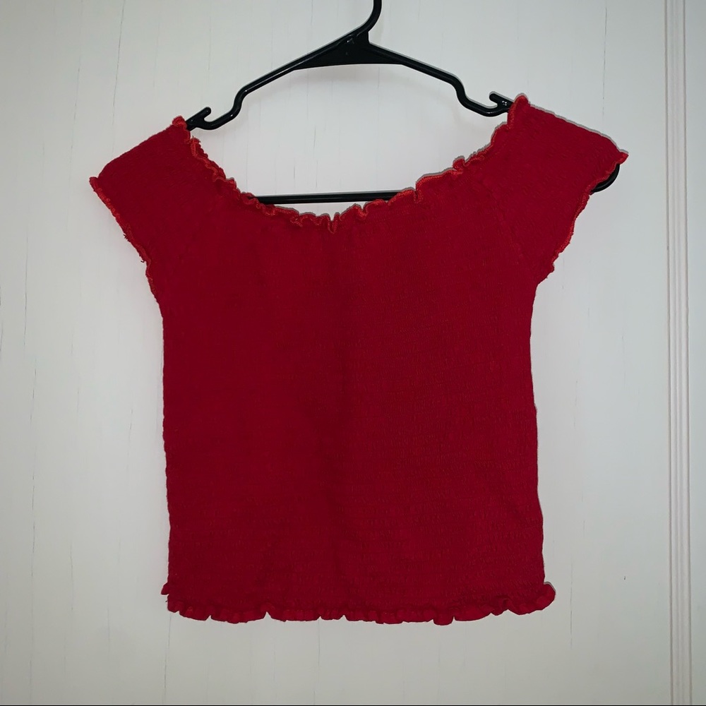 Brandy Melville Red Off the Shoulder Smocked Top